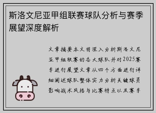 斯洛文尼亚甲组联赛球队分析与赛季展望深度解析
