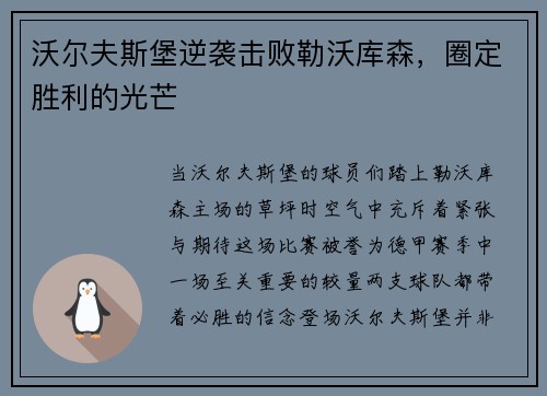 沃尔夫斯堡逆袭击败勒沃库森，圈定胜利的光芒